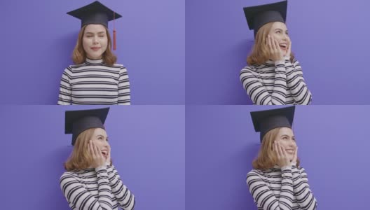 蓝色背景下的年轻女子毕业画像高清在线视频素材下载