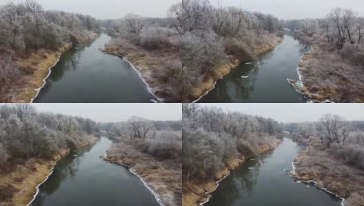 冬天河岸上结霜的树木和灌木在寒冷的日子里无人驾驶飞机高清在线视频素材下载
