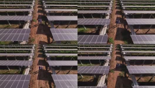 工程师和技术员的鸟瞰图，检查太阳能电池板农场，电力，清洁能源产生的太阳，后视图高清在线视频素材下载