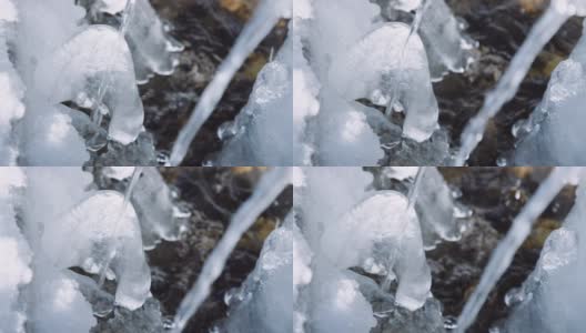 冰冻山泉中的冰雕。冬天的细节。高清在线视频素材下载
