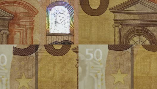 新50欧元纸币上的欧罗巴头像水印特写。高清在线视频素材下载
