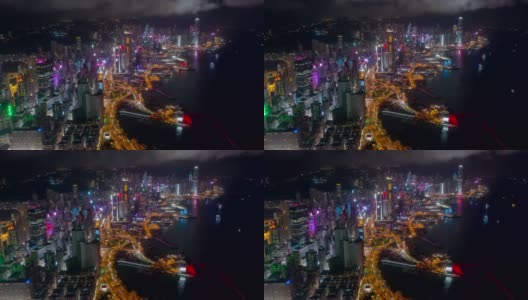 无人机在香港夜间的超延时或时间延时。由4K分辨率无人机拍摄的香港中央区，香港维多利亚港高清在线视频素材下载