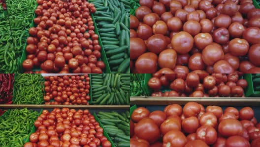 在超市购物，青椒，番茄，黄瓜的特写镜头高清在线视频素材下载