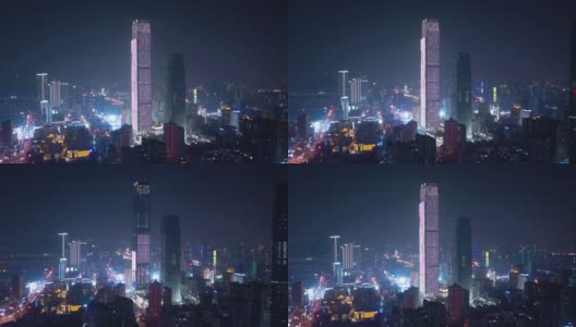夜间照明长沙市区繁忙交通街道十字路口施工场航拍全景4k中国高清在线视频素材下载