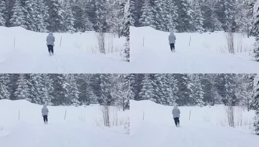 年轻人在大雪中步行回家高清在线视频素材下载