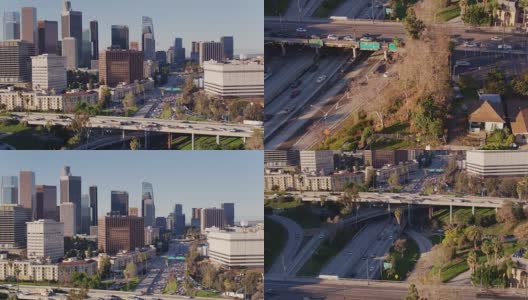 无人机拍摄与向上倾斜的四层交汇处和洛杉矶市中心高清在线视频素材下载