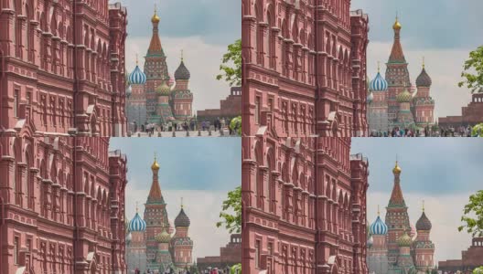 莫斯科城市天际线时间流逝在红场和圣巴西尔大教堂，莫斯科俄罗斯4K时间流逝高清在线视频素材下载