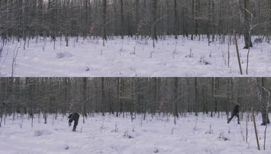 冬天，人们像疯子一样在森林里奔跑。高清在线视频素材下载