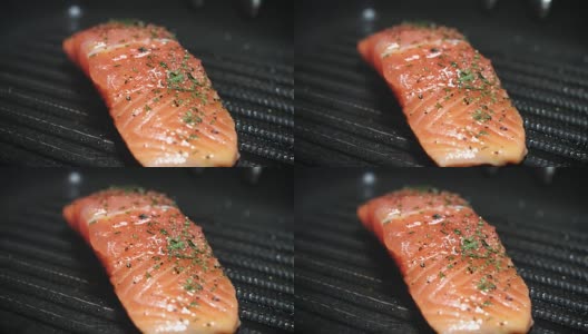 4k三文鱼烤制过程高清在线视频素材下载