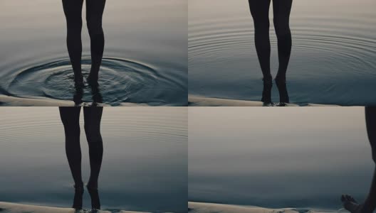 艺术剪影中的女子双腿站立在水中，她搅乱了宁静的江水，慢动作高清在线视频素材下载