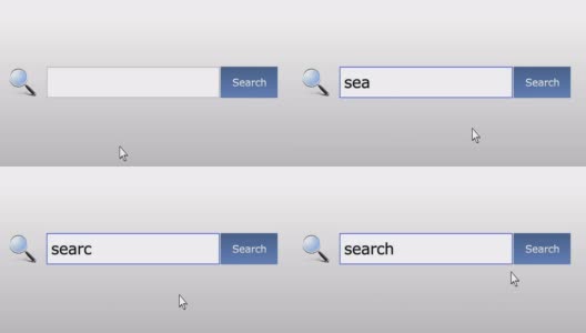 搜索-图形浏览器搜索查询，网页，用户输入搜索相关结果，计算机网络技术。网页浏览打字字母，填写表格按下查找按钮，导航到搜索结果页面，在线工作高清在线视频素材下载