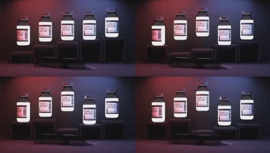 小疫苗瓶在黑暗中发光，用于注射冠状病毒疫苗，红色和蓝色灯光背景下的医疗注射器和几何形状三维渲染动画循环高清在线视频素材下载