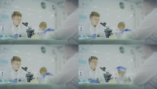 好奇的男孩在实验室工作。使用显微镜和准备实验。和父亲一起学习，传递样本高清在线视频素材下载