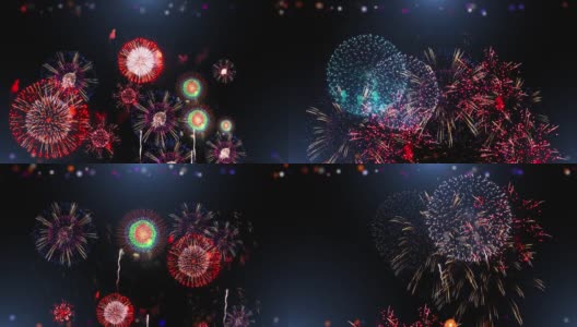 4K夜空中美丽的多色烟花。新年烟花表演爆炸高清在线视频素材下载