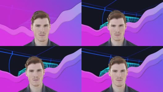 动画的白人男子在紫色的波浪，三维绘制模型的货车和网格高清在线视频素材下载