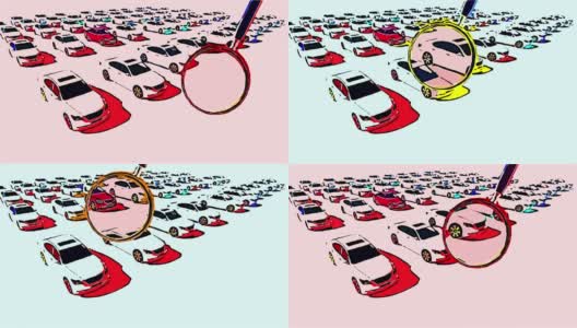 漫画风格的2d动画-放大镜的特写。数百辆车的插图一个红色高清在线视频素材下载
