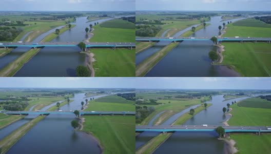 航拍:荷兰维安附近莱克河大桥上的公路交通情况- 4K高清在线视频素材下载