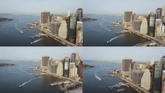 美国纽约曼哈顿鸟瞰图。无人机飞离东河岸边，商业城市的一部分高清在线视频素材下载