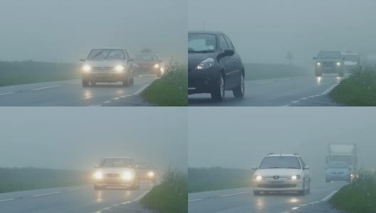 小汽车、货车和卡车在浓雾中通行高清在线视频素材下载