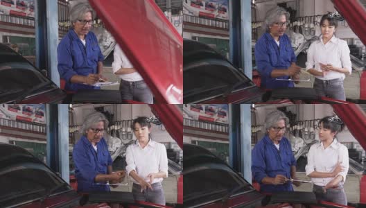 摄影:亚洲年轻女经理觉得不舒服怎么去高级汽车修理工工作高清在线视频素材下载