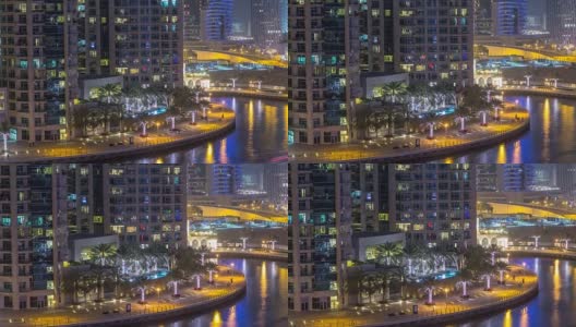 水渠在迪拜码头的天际线在晚上的时间推移高清在线视频素材下载