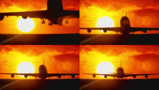 飞机降落在机场跑道上，日落/日出高清高清在线视频素材下载