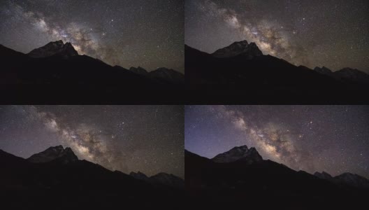 尼泊尔喜马拉雅山脉上的银河系天文学。Nuptse山，Everest山和Ama Dablam山。高清在线视频素材下载