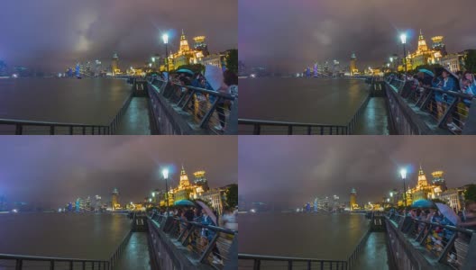 雨夜上海外滩湾拥挤的全景4k时间的中国高清在线视频素材下载