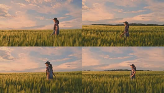 年轻的少女走在宁静的，田园诗般的，乡村绿色麦田里，慢镜头高清在线视频素材下载