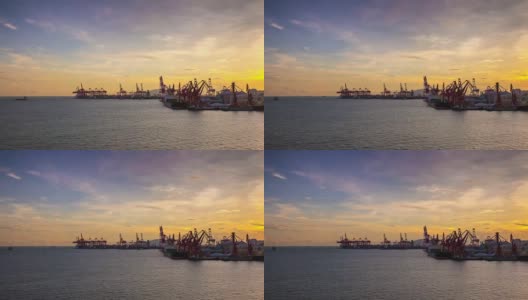 日落深圳工作港口工业起重机湾全景4k时间流逝中国高清在线视频素材下载