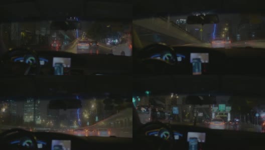 上海夜雨出租车搭高速匝道摩天大楼红绿灯高清在线视频素材下载