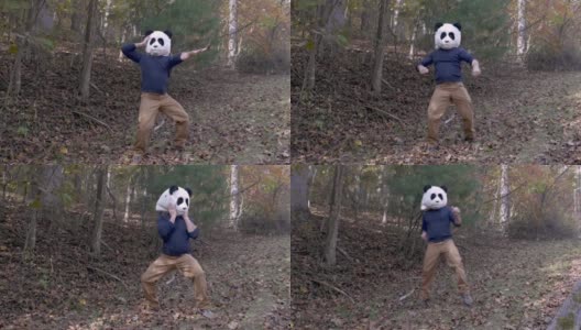 一名戴着熊猫头面具的男子在公园外面跳舞庆祝高清在线视频素材下载
