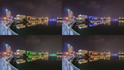 夜晚照亮三亚市滨江交通街道大桥全景4k时间推移海南岛中国高清在线视频素材下载