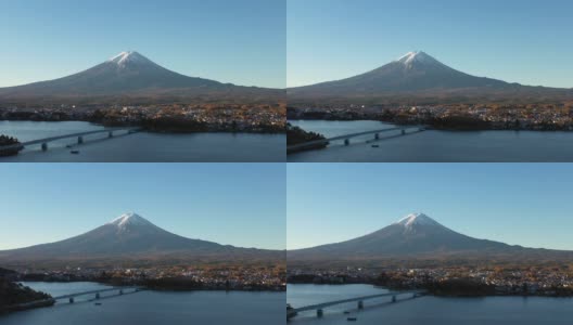 黎明时分富士山和川口湖的鸟瞰图高清在线视频素材下载