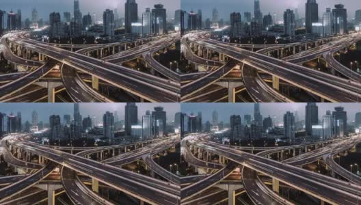 T/L d2 U天桥和城市交通夜间鸟瞰图/上海，中国高清在线视频素材下载