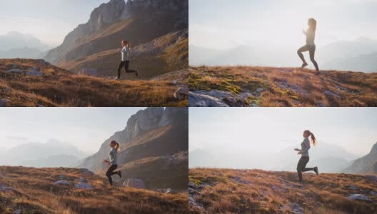 健康的女性运动员保持健康的生活方式，在日落时在岩石小径和草坡上跑步高清在线视频素材下载