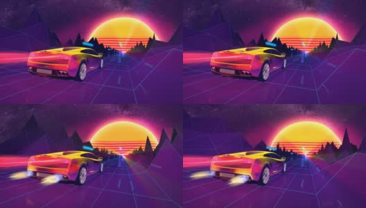 豪华跑车在80年代复古未来的配色方案和风格背景为电子，电子游戏和蒸汽波音乐的概念高清在线视频素材下载