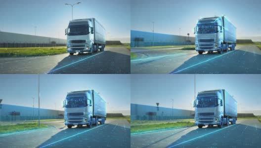 未来技术概念:大型白色半卡车与货运拖车驱动器在道路上的转变与图形数字化版本数字孪生未来概念的自动车辆高清在线视频素材下载