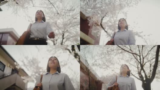 年轻的女商人上下班在城市樱花树下高清在线视频素材下载