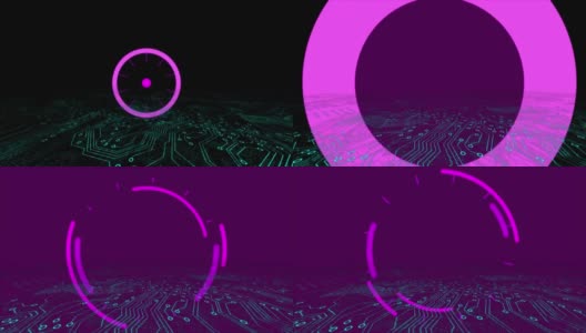 动画的粉红色圆形扫描仪在电脑电路板上的黑色背景高清在线视频素材下载