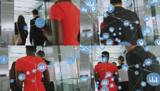在不同的商务人士进入办公室电梯的背景下，用数字图标组成的网络高清在线视频素材下载