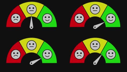 用表情符号和箭头进行满意度评估。动画红色，黄色和绿色水平与表情符号和移动箭头在黑色阿尔法通道4k背景高清在线视频素材下载