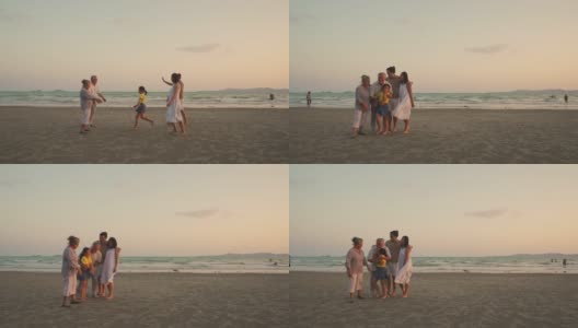 4K多代亚洲家庭在夏日日落的海滩上放松和乐趣高清在线视频素材下载