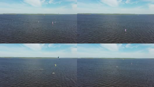 在荷兰弗里斯兰劳斯米尔的风筝冲浪空中高清在线视频素材下载