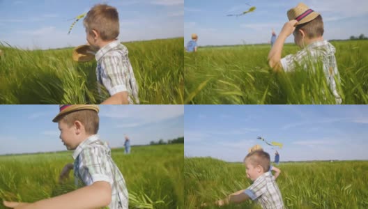 男孩们在绿色的田野里玩耍高清在线视频素材下载
