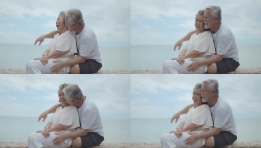 资深亚洲夫妇在海滩拥抱，4K DCI慢镜头高清在线视频素材下载