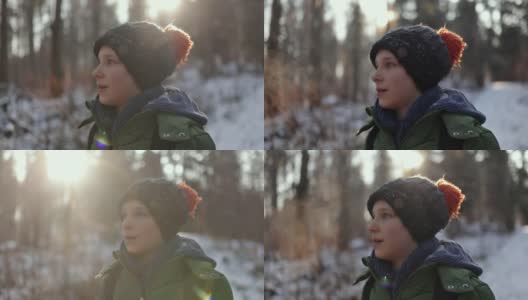 小男孩在美丽的冬季森林里徒步旅行的肖像。高清在线视频素材下载
