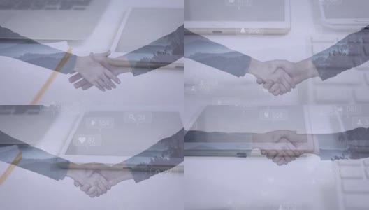 商人在社交媒体图标和平板电脑上握手的动画高清在线视频素材下载