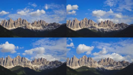 在意大利多洛米特的富内斯Val di Funes的云移动的时间推移山高清在线视频素材下载