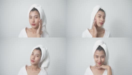 美女特写视频拍摄，女人头上戴着毛巾。高清在线视频素材下载
